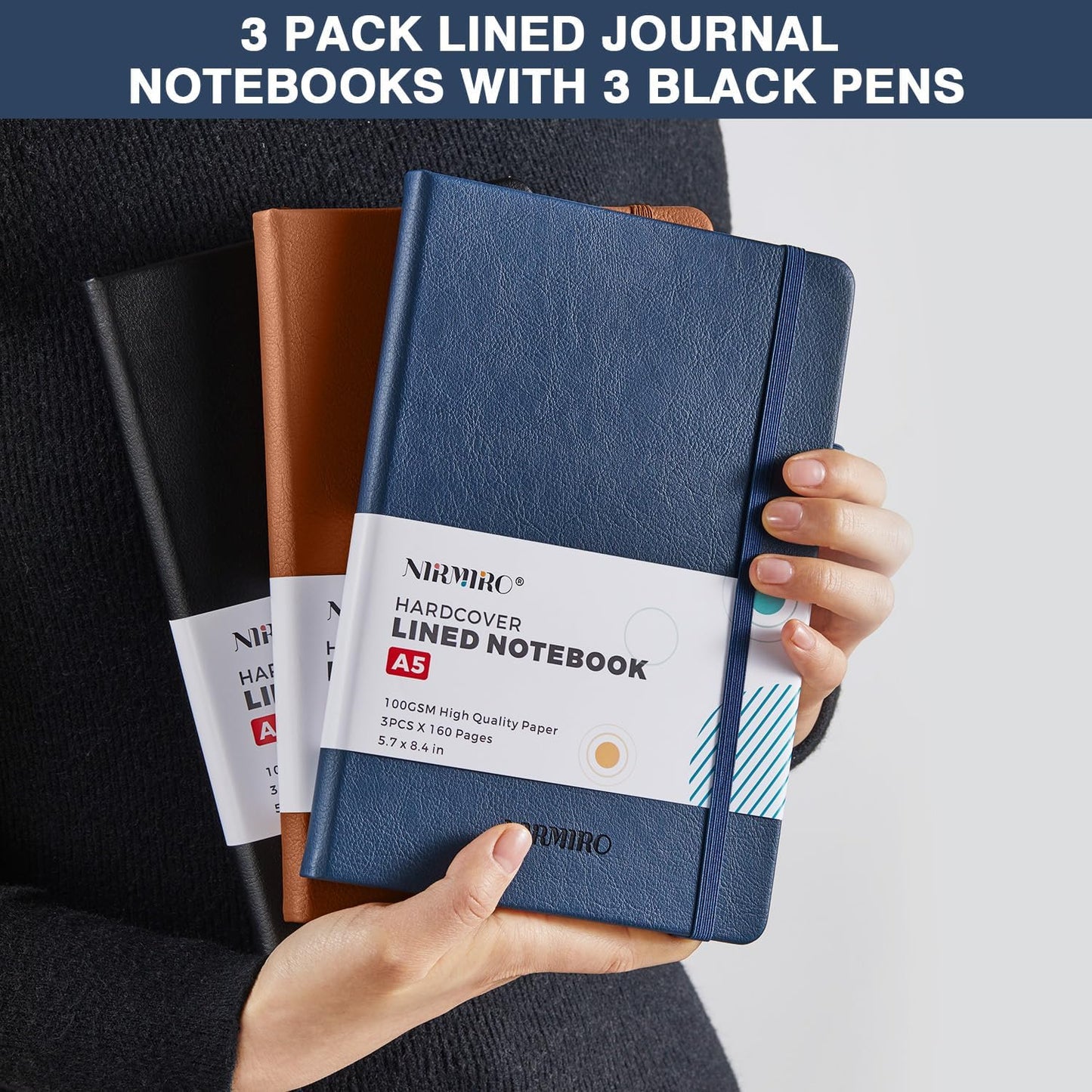 NIRMIRO 3 Pack Pocket Notebook Journals, Small Notepad Notebooks for Note Taking, A6 Mini Note pads with Pen Holder, 408 Lined Pages, 3.7" x 5.7", Black, Brown, Blue