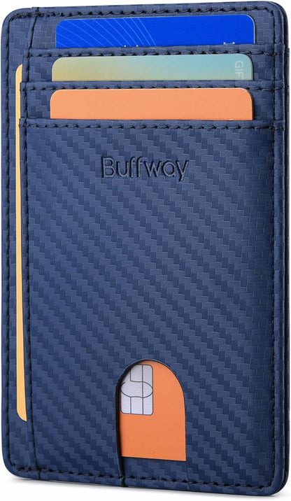 Buffway Slim Minimalist Front Pocket RFID Blocking Leather Wallets for Men and Women - Carbon Fiber Black - Colors B