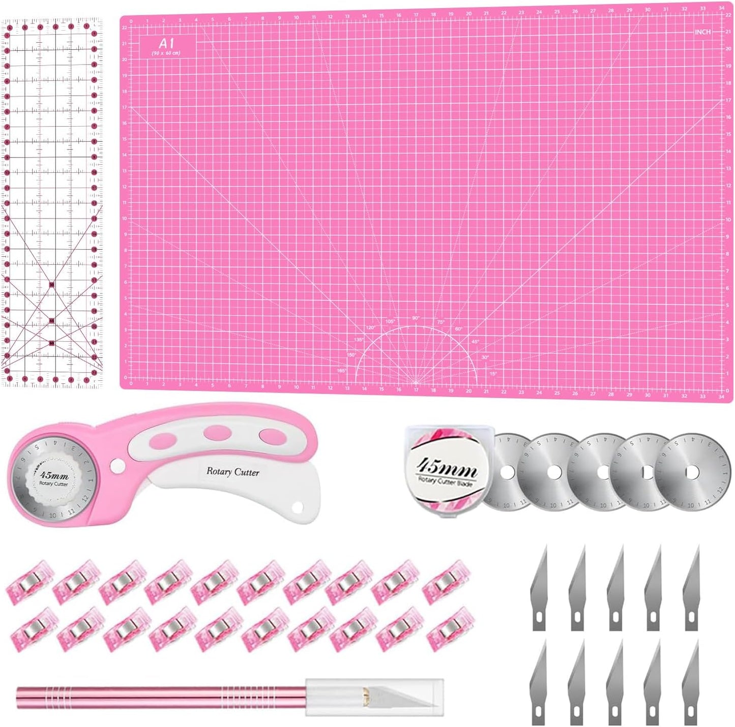 Headley Tools Rotary Cutter Set - 45mm Fabric Cutter, 5 Extra Rotary Blades, A3 Cutting Mat, Quilting Ruler and Sewing Clips, Craft Knife Set, Ideal for Crafting, Sewing, Patchworking, Purple