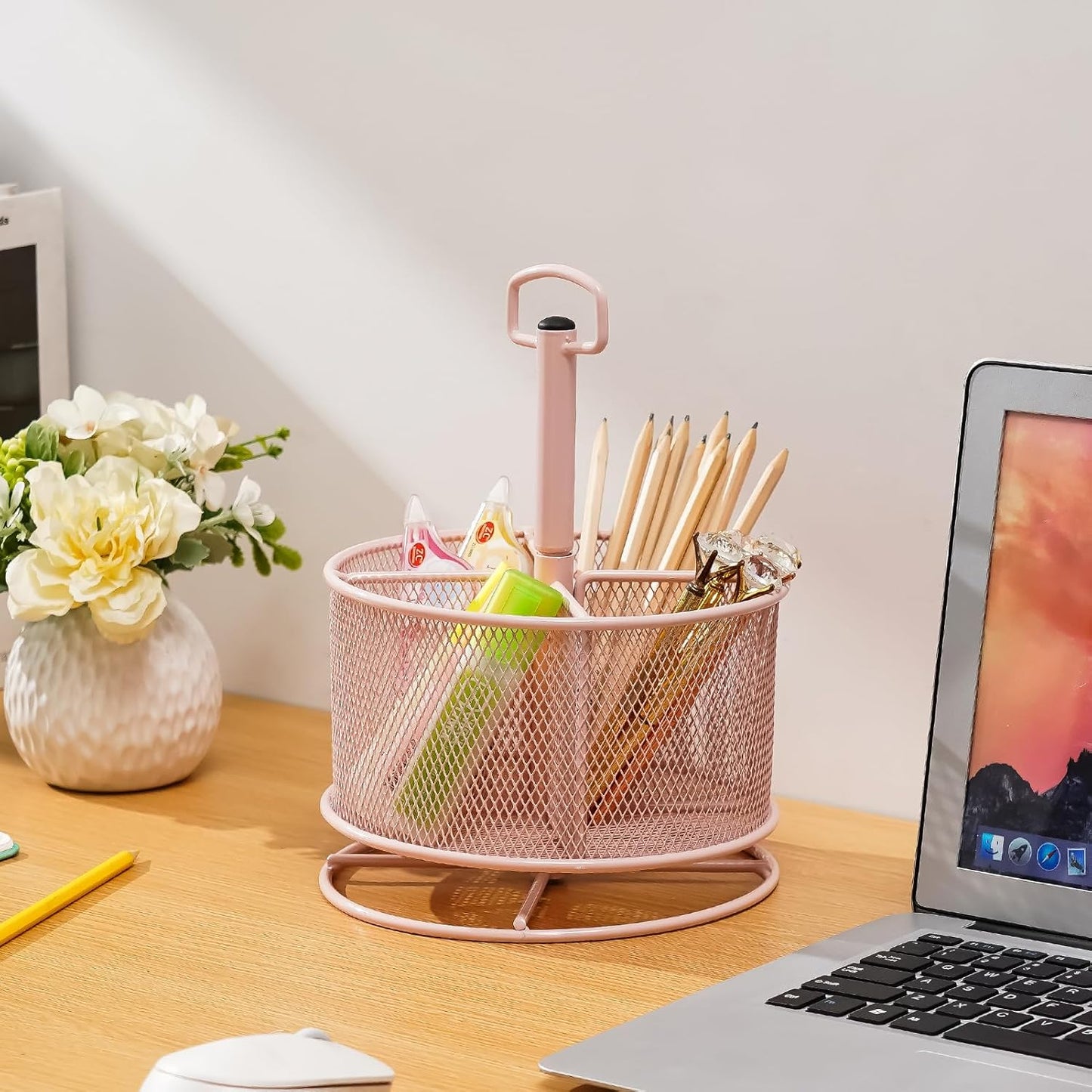 Marbrasse Mesh Desk Organizer, 360-Degree Rotating Multi-Functional Pen Holder, 4 Compartments Desktop Stationary Organizer, Home Office Art Supply Storage Box Caddy (Black)