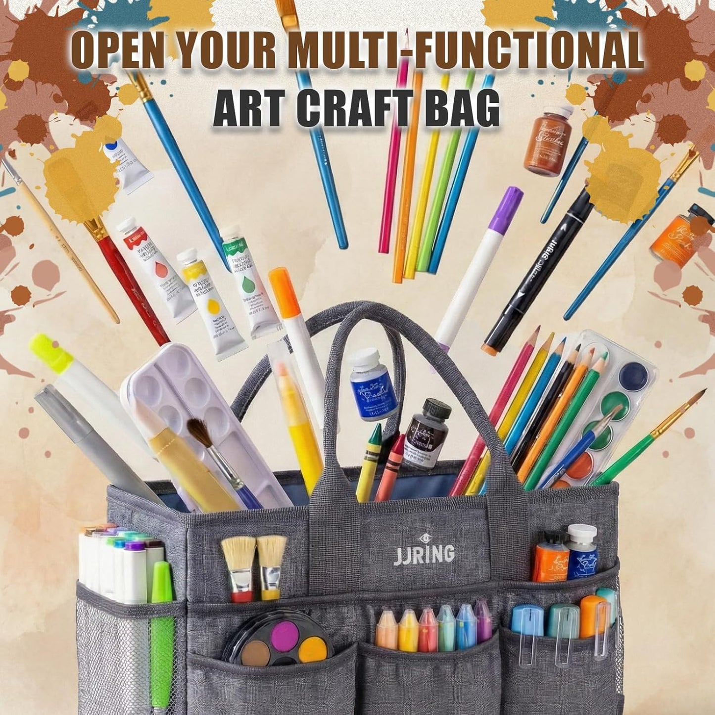 JJRING Large Art Supply Storage Tote Bag With 2 Mesh Side Pockets & Front Elastic Pockets – Sturdy Craft Organizer Caddy with Reinforced Bottom For Sewing, Scrapbooking, Teachers & Artists(Green) | Breathable Material