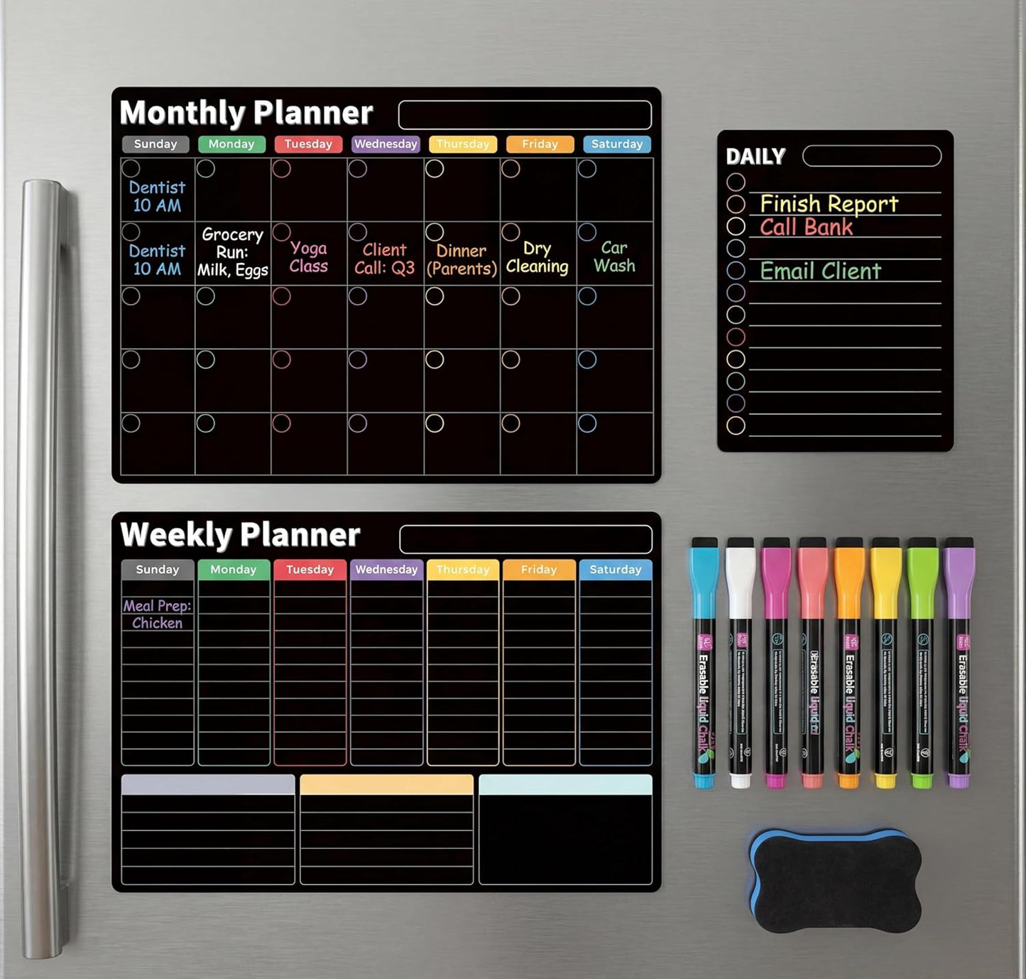 Magnetic Calendar for Refrigerator (3-Pack, Ships Flat) - 17"x12" Monthly, Weekly & Daily Planner with Lined Grids - Nano-Tech Dry Erase Board Fridge Whiteboard, 8 Markers & Eraser