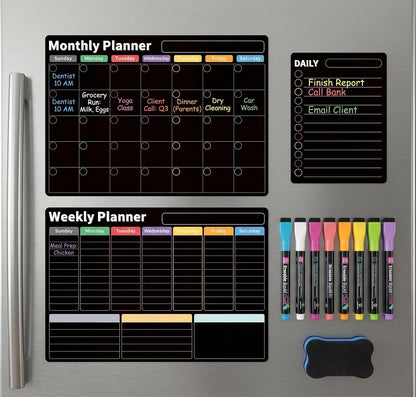 Magnetic Calendar for Refrigerator (3-Pack, Ships Flat) - 17"x12" Monthly, Weekly & Daily Planner with Lined Grids - Nano-Tech Dry Erase Board Fridge Whiteboard, 8 Markers & Eraser