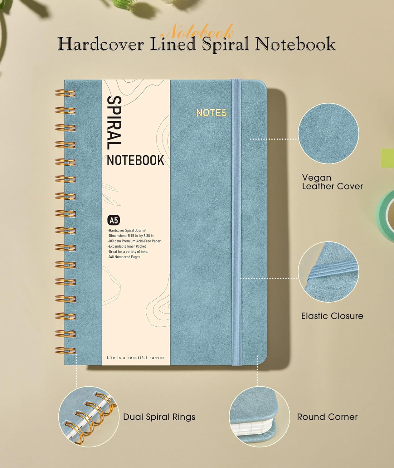 Graph Spiral Journal Notebook, A5 Hardcover Spiral Journals for Women Men, 100 GSM Graph Paper Notebooks, 150 Pages Spiral Bound Grid Notebook for Writing Note Taking Work 5.75" x 8.38" Olive Green