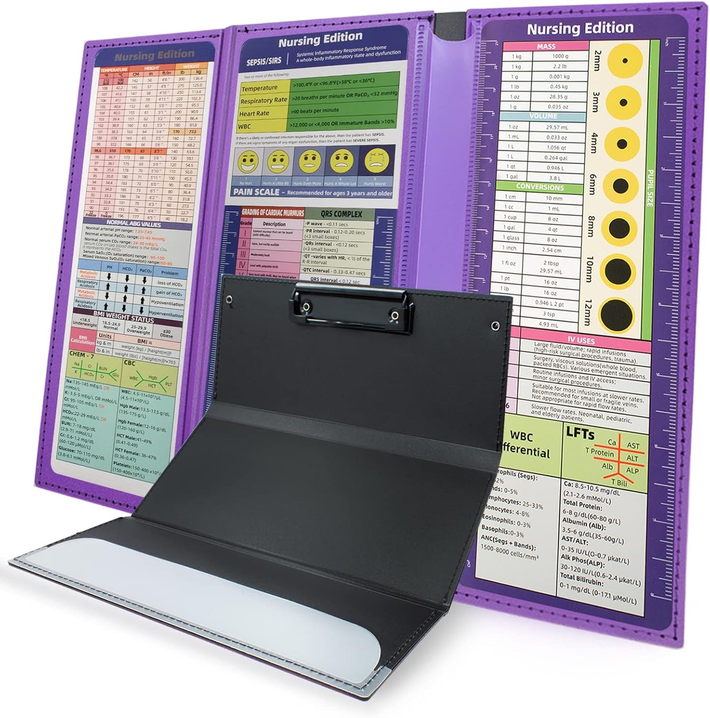 TWUTGAYW Nursing Clipboard, Portable Foldable Clipboard Pocket Size, 3 Layers Clip Board with Pen Holder for Students, Doctors, Nursing Edition clipboard with Elastic Band Notepad (Purple)