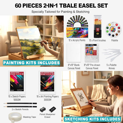 Beechwood Tabletop Easel for Painting, Portable Adjustable Sketchbox Art Easel Stand with Detachable Shoulder Strap for Beginners and Art Lovers