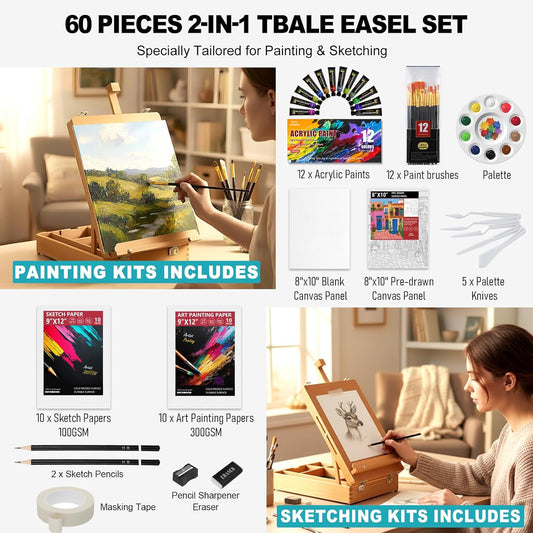Beechwood Tabletop Easel for Painting, Portable Adjustable Sketchbox Art Easel Stand with Detachable Shoulder Strap for Beginners and Art Lovers