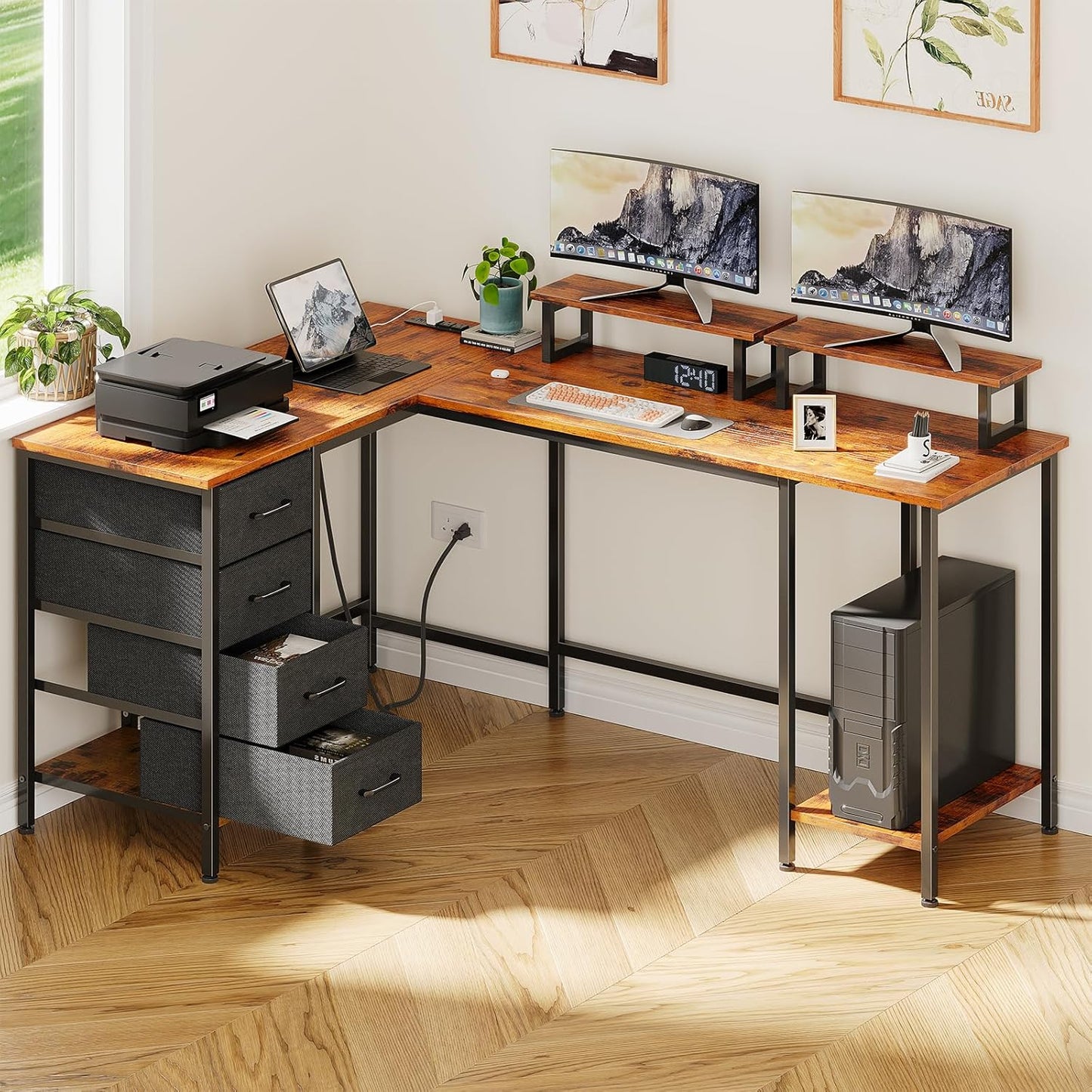 Korfile 59 inch L Shaped Computer Desk with Power Outlets, Home Office Desk with 4 Adjustable Storage Drawers & 2 Monitor Stands, Two Person Gaming Table for Bedroom, Black