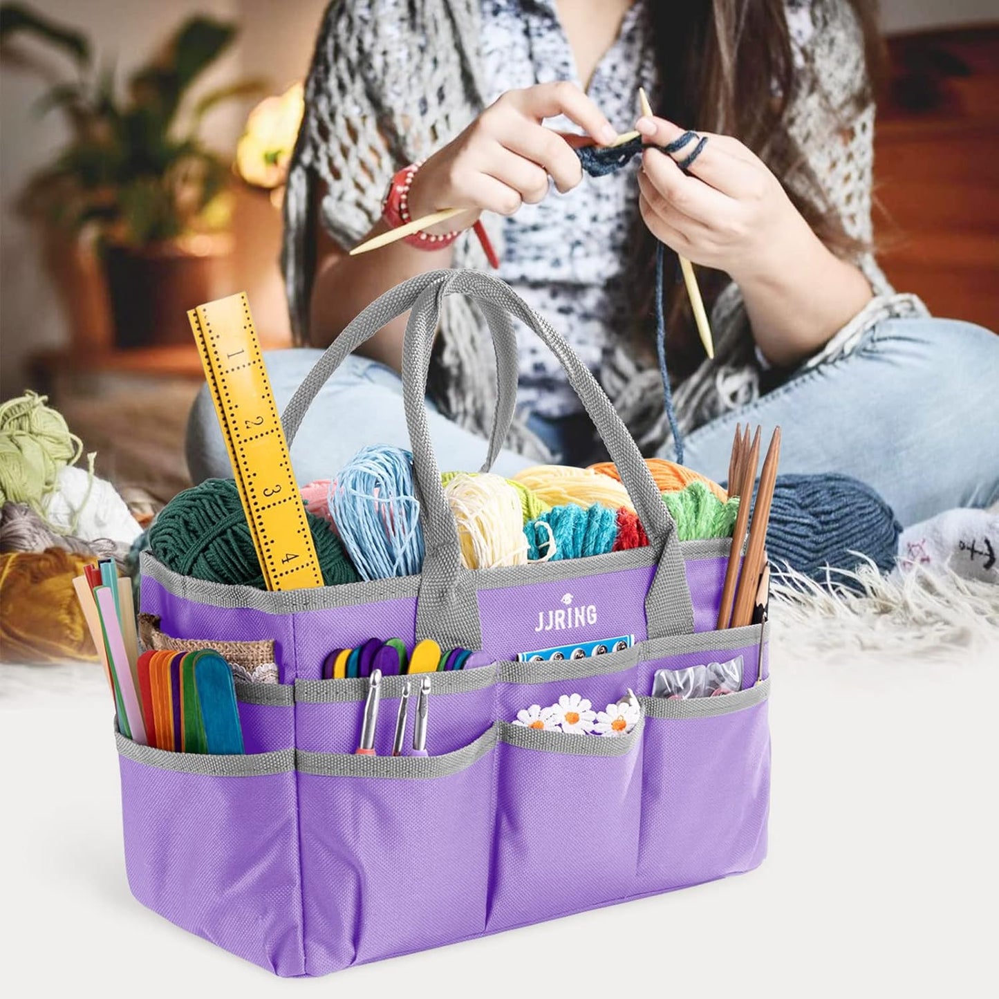 Jjring Craft and Art Organizer Tote Bag - 600D Silver Nylon Fabric Art Caddy with Pockets - for Art, Craft, Sewing, Medical, and Office Supplies Storage