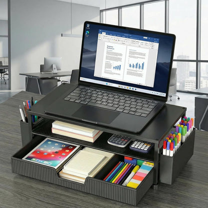 ECOLOVI Desk Organizer and Accessories, 2-Tier Computer Monitor Stand Rise with Storage Drawer & 2 Pen Holders, Laptop & Printer Stand for Desktop, Workspace Organizers for Office Supplies (Brown)