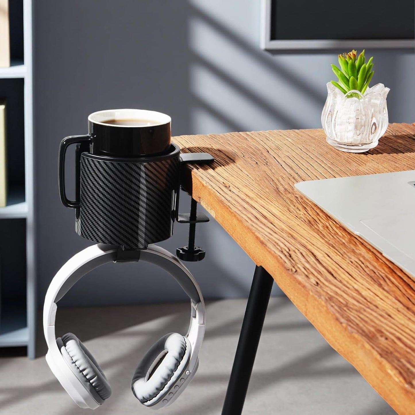 GUNKING Luxury 2-in-1 Anti-Spill Cup Holder with Under Desk Headphone Hanger (White)