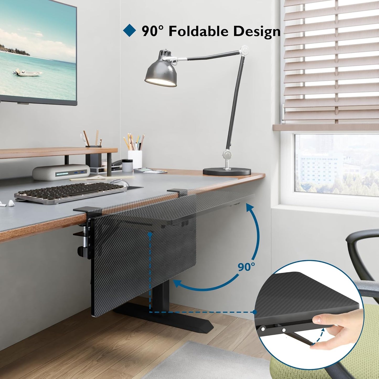 BONTEC Desk Extender Tray, 11.8"x5.9" Table Mount Arm Wrist Rest Shelf, 90°Foldable Elbow Support, Clamp on Computer Arm Rest for Desk, Office & Home Use, Durable & Easy to Install, Black Carbon Fiber