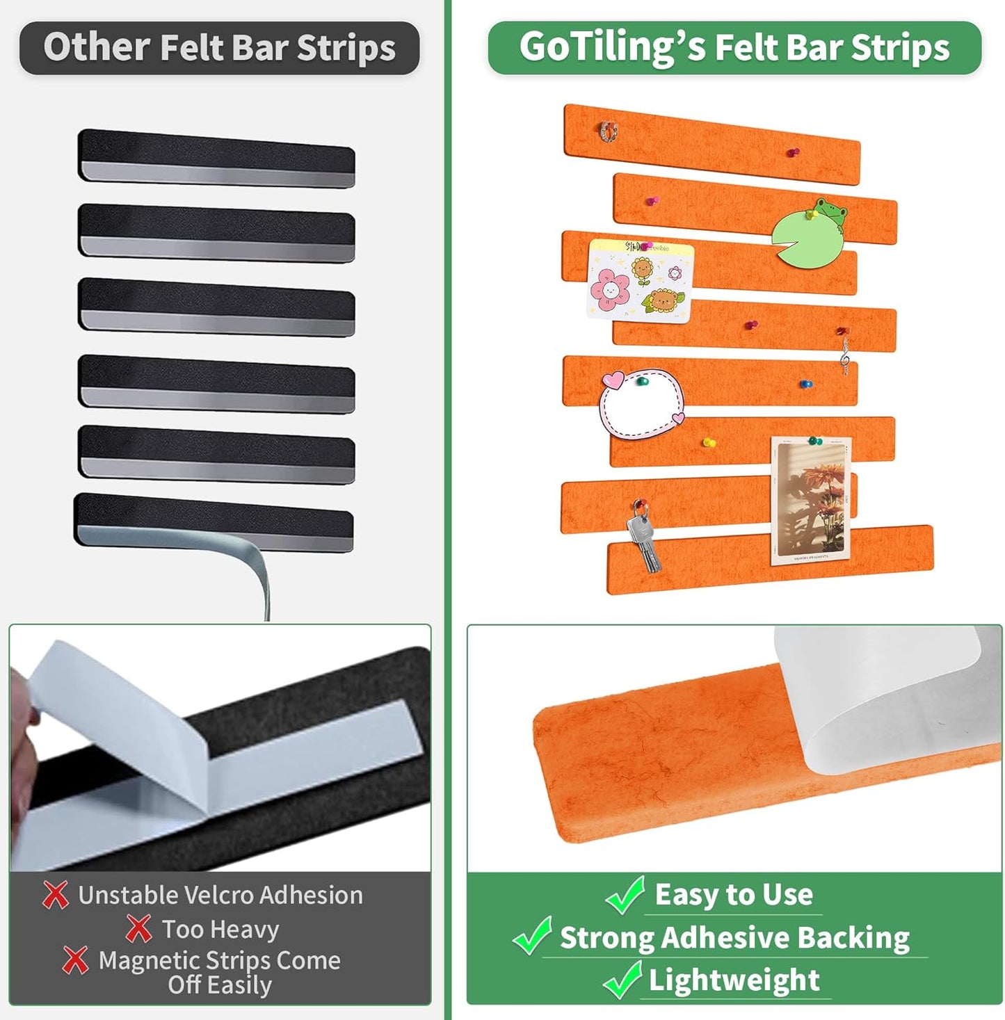 Cork Board for Walls - 8 Pack Felt Pin Board Bar Strips - Self-Adhesive Lightweight Bulletin Board - Cork Board for Office with 40 Push Pins No Damage for Wall