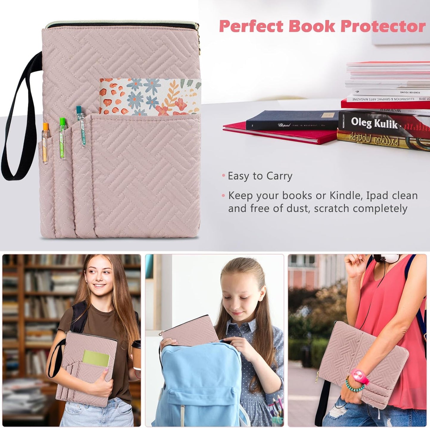 APLUFINE Book Sleeve with Zipper, 11"X9" Padded Book Protector, Washable Quilted Book Covers for Paperbacks, Book Pouch with Pockets for Book Lover Gifts