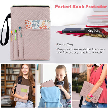 APLUFINE Book Sleeve with Zipper, 11"X9" Padded Book Protector, Washable Quilted Book Covers for Paperbacks, Book Pouch with Pockets for Book Lover Gifts