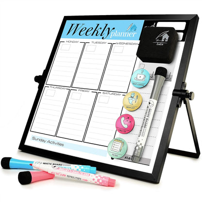 Dry Erase White Board for Desktop & Wall 12"x16" with 2 Magnetic Removable Planners - Weekly & Monthly to Do List Board with Stand, 6 Markers Eraser & Wall Hangers - Portable Double Sided Magnetic