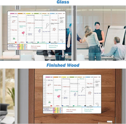 POPRUN Magnetic Fridge Calendar, 16.9"x11" Weekly Schedule Whiteboard, Dry Erase Board for Family Planning & Organization, Ideal for Home, School, Office