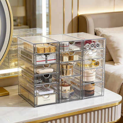 Prsildan Acrylic Drawer Makeup Organizer with 6 Drawers (Not for Baby Bottle), Set of 2 Office Desk Organizers Accessories, Clear Stackable Storage Drawers for Vanity, Craft (Largest Drawer 4" Tall)