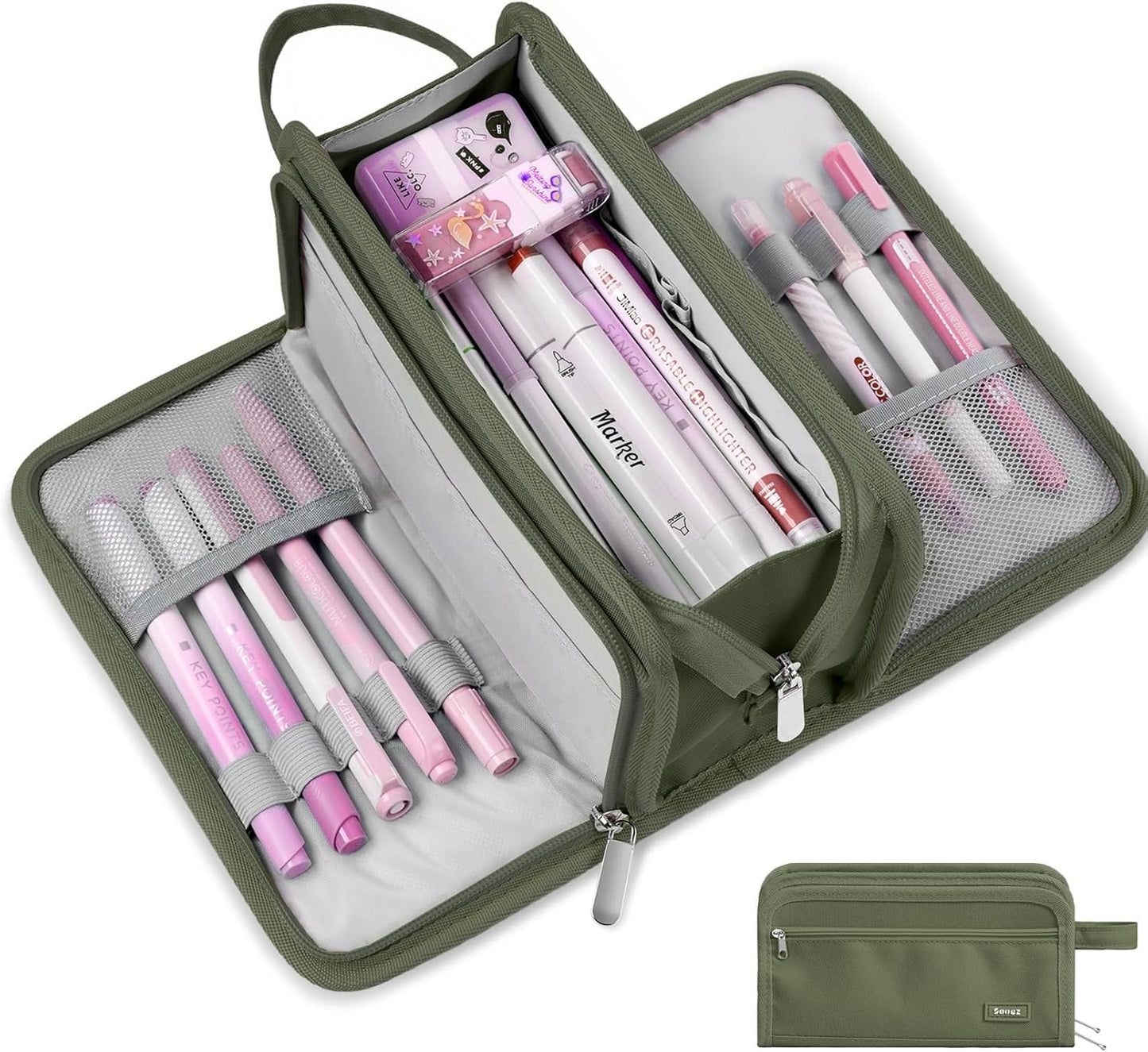 Sooez Large Pencil Case, Big Capacity Pencil Pouch Pen Bag with 3 Compartment, Portable Canvas Stationery Organizer with Zipper, Cute Aesthetic School Supplies for Teen Girls College, Pink with Plaid