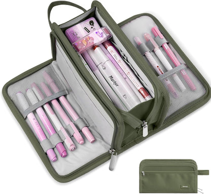Sooez Large Pencil Case, Big Capacity Pencil Pouch Pen Bag with 3 Compartment, Portable Canvas Stationery Organizer with Zipper, Cute Aesthetic School Supplies for Teen Girls College, Pink with Plaid