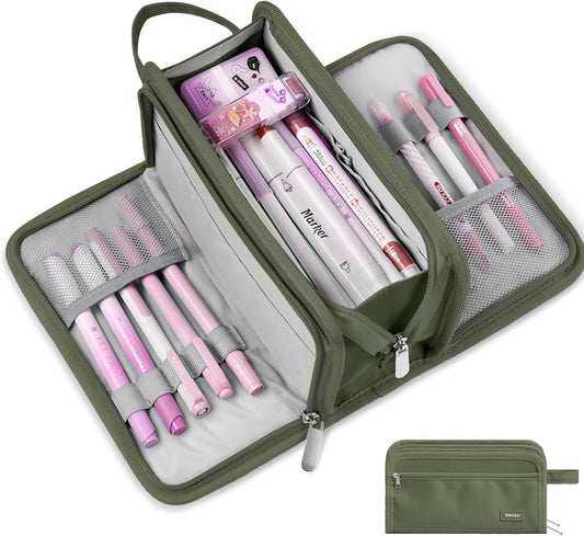 Sooez Large Pencil Case, Big Capacity Pencil Pouch Pen Bag with 3 Compartment, Portable Canvas Stationery Organizer with Zipper, Cute Aesthetic School Supplies for Teen Girls College, Pink with Plaid