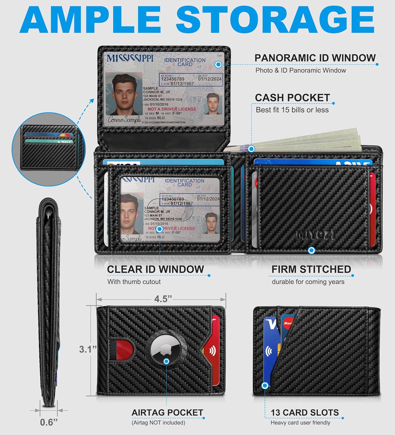miyozi AirTag Wallet for Men, Slim Leather Bifold with Holder Slot, 2 ID Windows & 13 Card Slots, RFID Blocking Front Pocket Wallet with Gift Box