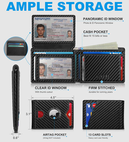 miyozi AirTag Wallet for Men, Slim Leather Bifold with Holder Slot, 2 ID Windows & 13 Card Slots, RFID Blocking Front Pocket Wallet with Gift Box