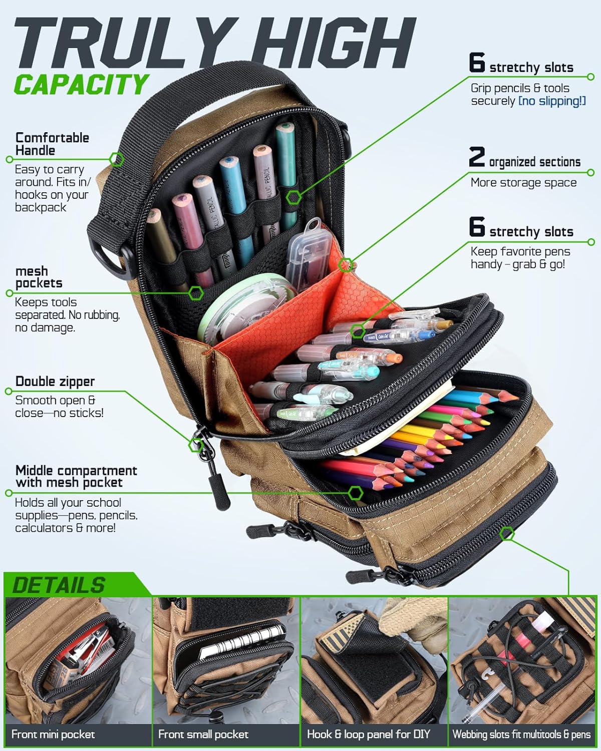RXW Large Capacity Pencil Pouch for Boys, Tactical EDC Zippered Pencil Bag, Small Tool Pouch for Adults (includes US Flag Patch + 2 MOLLE Straps) (Black)