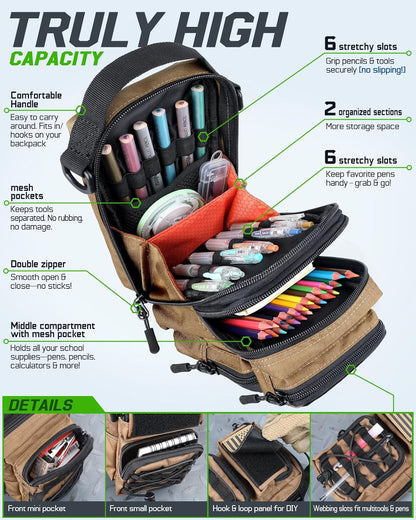RXW Large Capacity Pencil Pouch for Boys, Tactical EDC Zippered Pencil Bag, Small Tool Pouch for Adults (includes US Flag Patch + 2 MOLLE Straps) (Black)