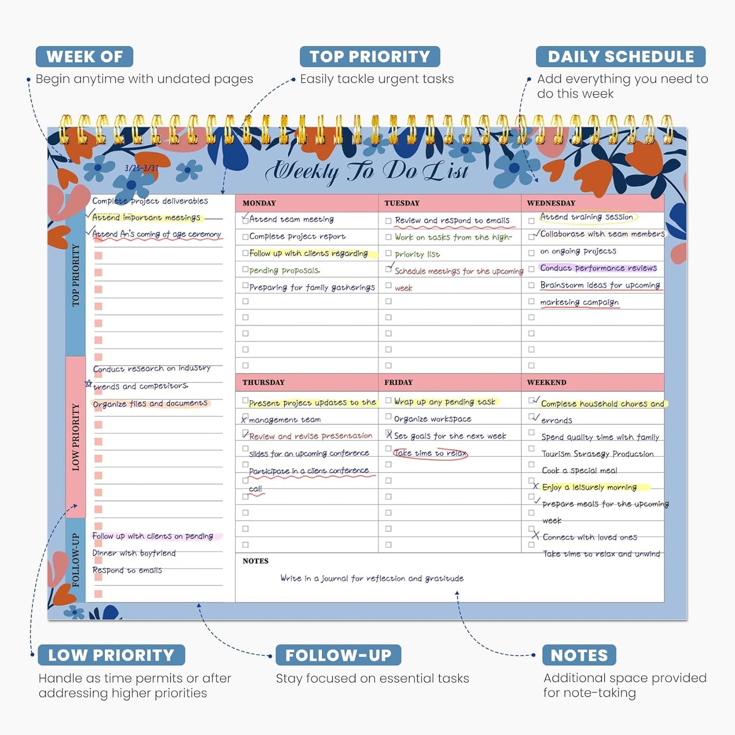Weekly To Do List Notepad with 52 Undated Sheets（8.5"×11"）- Undated Weekly Planner Notepad for Office Desk Accessories and Supplies - Midnight Lilac