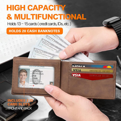 Wallet for Men Slim RFID Blocking Bifold Carbon Fiber,Minimalist Small Compact Front Pocket Credit Card Holder,Thin Mens Leather Wallets Smart Security With 2 ID Windows 1 Cash,Birthday Gifts for Men
