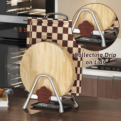 Cutting Board Rack - Stainless Steel Chopping Board Pot Lid Holder Stand with Flower Decor, Stable Triangle for Kitchen Countertop Pots Pan Plate Cutting Boards Cooking Mats Cookware