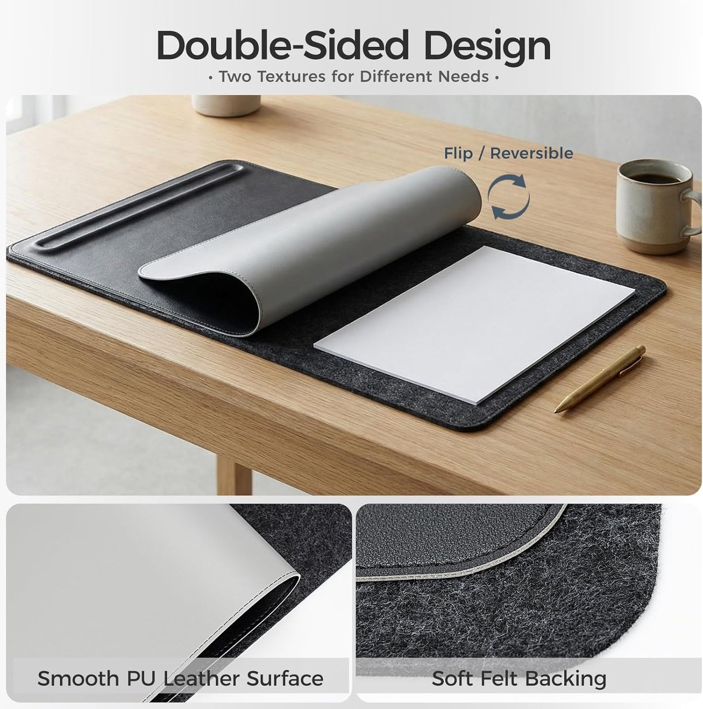 Desk Mat – Double-Sided Vegan Leather & Felt | Built-In Magnetic Cable Organizer & File Storage | Premium Workspace Pad for Office, Gaming & Creative Professionals-（Brown）