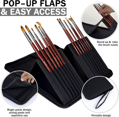 DUGATO Short Paint Brush Holder & Organizer 5.4x10.7 Inches, Blue Canvas Bag for Brushes up to 9.3" Length, Case with 15 Slots, Artist Brush Carrying Case (Brush Not Included)