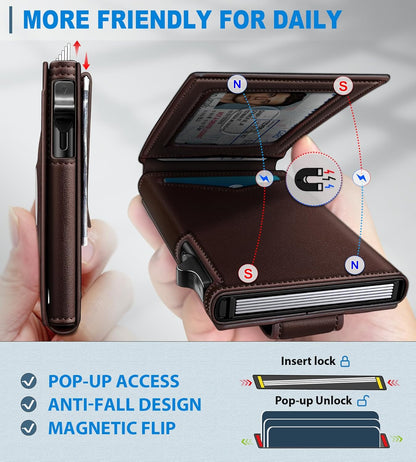 miyozi Airtag Wallet for Men Money Clip 9-Card Pop-Up Credit Card Holder with ID Window RFID Blocking Metal Case Magnetic Closure Front Pocket Wallet Gift Box | with Money Clip
