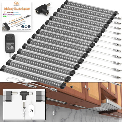 EBD LED Light Bar Built-in Adjustable Cable 12 Pcs Corner Input Under-Counter Light fixtures Work Bench linkable Touch Lights 3000K 5400 Lm Super Bright for Pantry Garage Shelves Closet Shelf