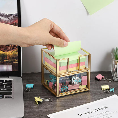 BTSKY Golden Glass Sticky Note Holder for 3x3 Inch Sticky Notes, Elegant Post It Note Dispenser with Non-Slip Pads Clear Notepad Holder for Desk Organization Planning, Home Office Decor