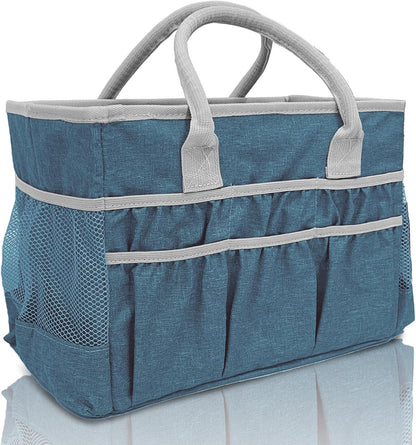 Cupohus Craft Organizer Tote Bag – Craft Caddy with 2 Mesh Side Pockets & Front Elastic Pockets, Foldable Large Capacity Supply Storage Bag for Sewing, Knitting, Painting, and Travel (Purple)