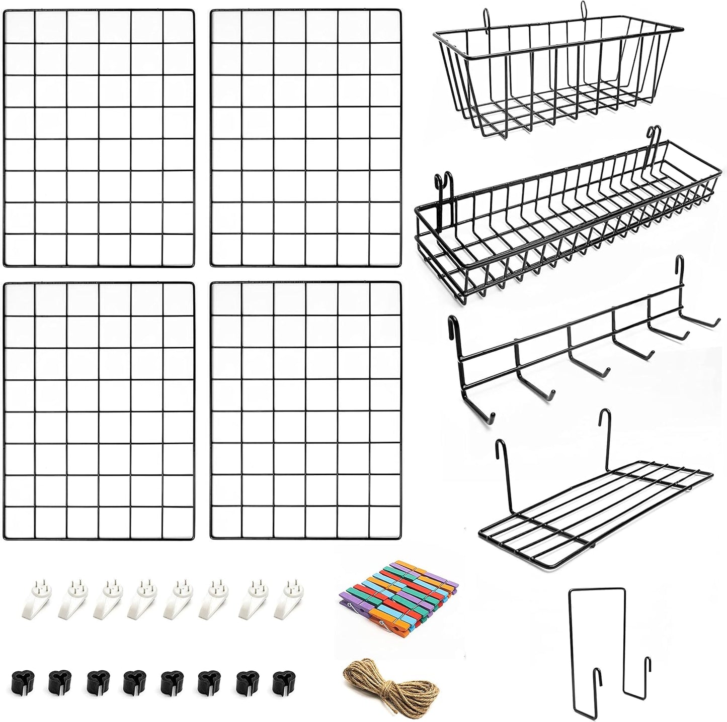 2 Pack Wire Wall Grid Panel With Accessories | Includes Hanging Basket, Shelf & Hook Rack | Photo Grid Wall Panels | Hanging Home, Office & Kitchen Décor | Metal & Black