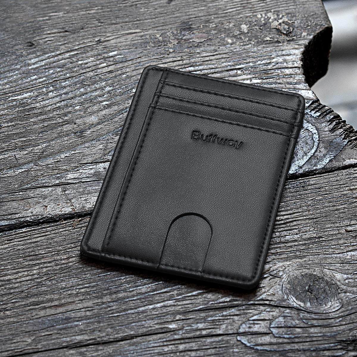 Buffway Slim Minimalist Front Pocket RFID Blocking Leather Wallets for Men and Women - Carbon Fiber Black - Colors B
