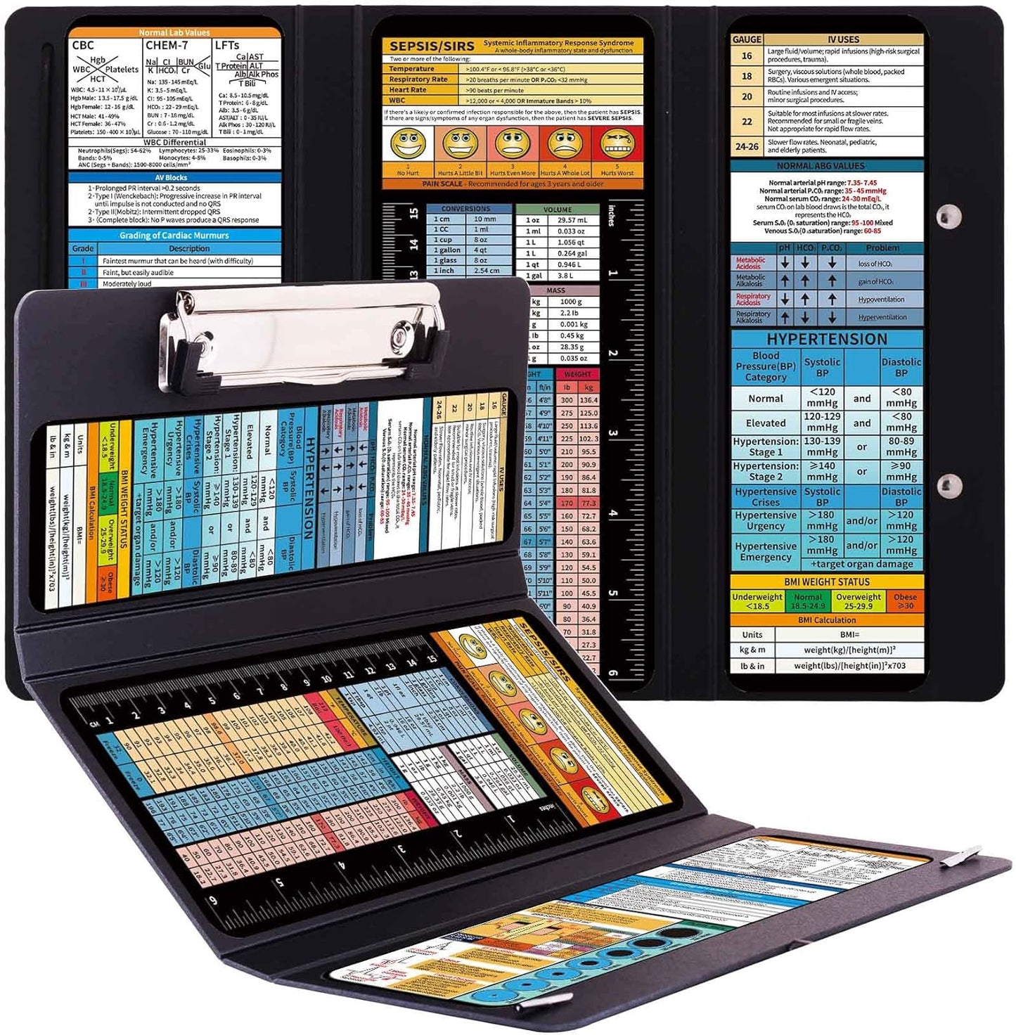 2Pack Foldable Nurse Clipboard - Black Plastic Medical Clipboard with Pocket Size & 6 Medical Cheat Sheets