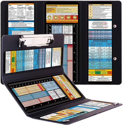 2Pack Foldable Nurse Clipboard - Black Plastic Medical Clipboard with Pocket Size & 6 Medical Cheat Sheets