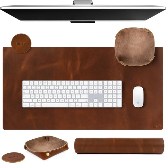 ELIZO Leather Desk Pad Real Leather Desk Mat Thick (3mm) Double Layer (31x15.6) Cover Blotter Desk Protector Large Computer Mat for Keyboard Mouse Pad Table Laptop Mat Office Accessories - Antique