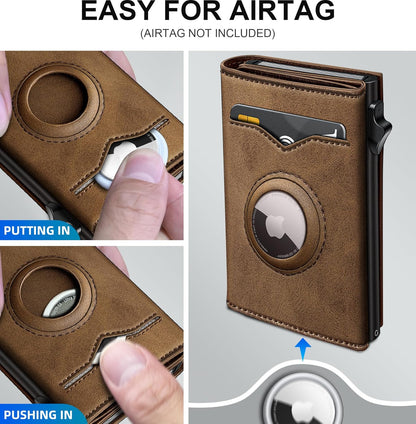 miyozi Airtag Wallet for Men,with Cash Pocket 2 ID Window 9-12 Cards,Metal Case Smart Slim Pop Up Credit Card Holder Flip with Magnetic Closure RFID Blocking Trifold wallet with Gift Box