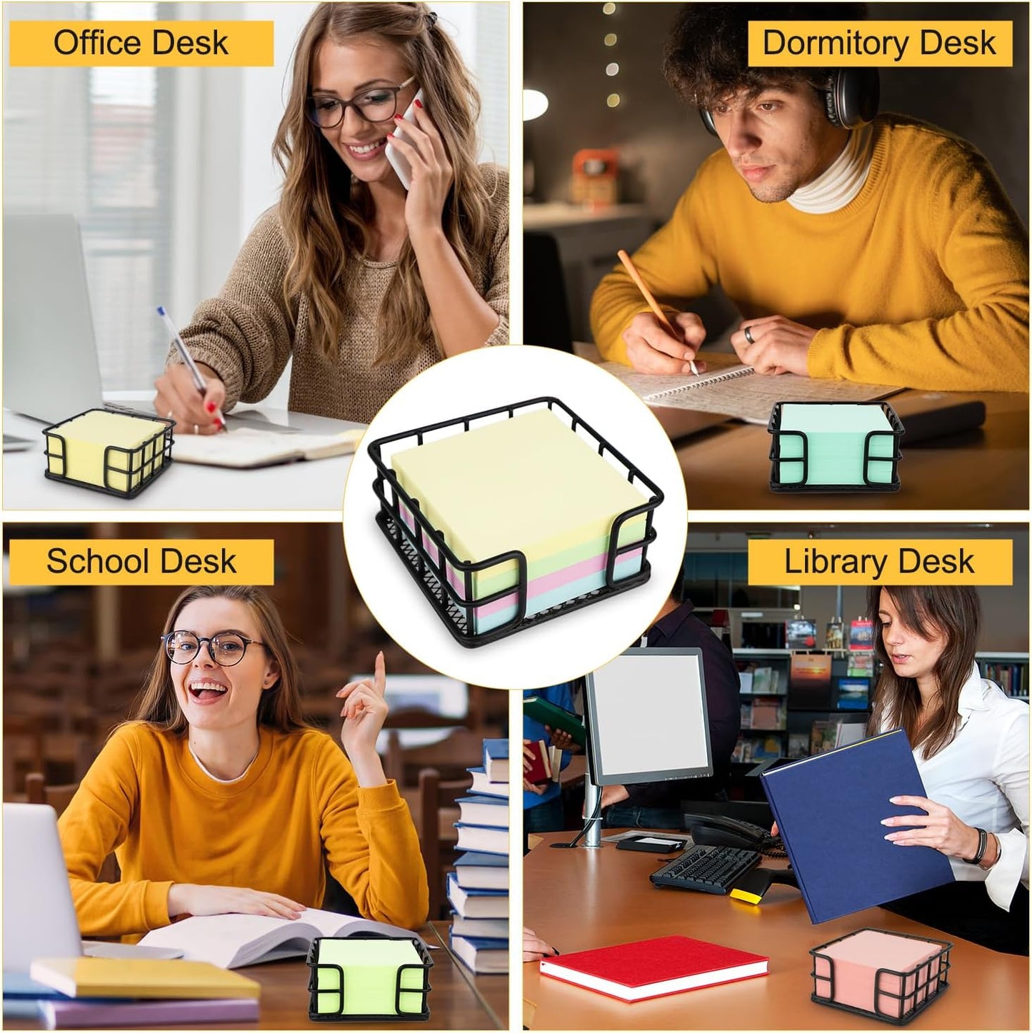 Sticky Note Holder, 3.62 x 3.62 x 1.77 Inches Metal Memo Pad Dispenser, Square Notepad Organizer for Desk, Office & School Essentials, Desk Organizer Supply
