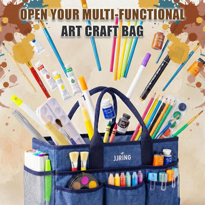 JJRING Large Art Supply Storage Tote Bag With 2 Mesh Side Pockets & Front Elastic Pockets – Sturdy Craft Organizer Caddy with Reinforced Bottom For Sewing, Scrapbooking, Teachers & Artists(Green) | Breathable Material