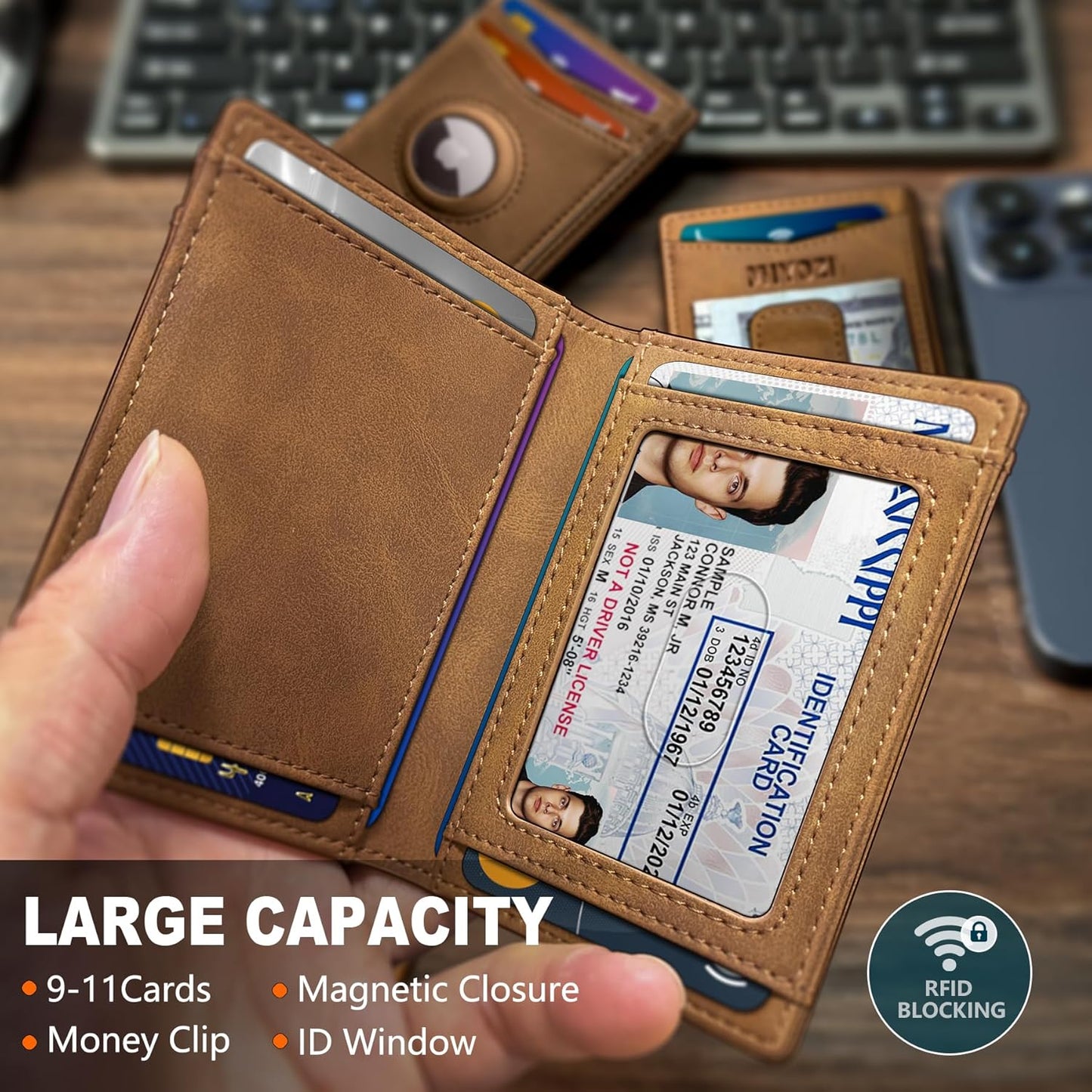 miyozi Airtag Wallet for Men- with Money Clip Gift Boxed, Magnetic Closure Slim Genuine Leather Front Pocket Wallet, 4.1"x 2.8", RFID Blocking