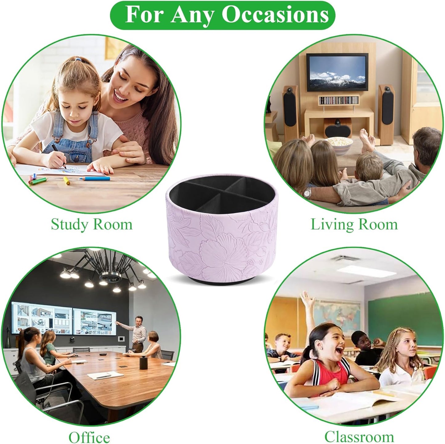 Round Leather Art Supply Organizer,Remote Control Holder,360 Degree Rotating,Multi-Functional Pencil Holder,4 Compartments Desktop Stationary Organizer(1-Fractal Flower) | Round - Colors B