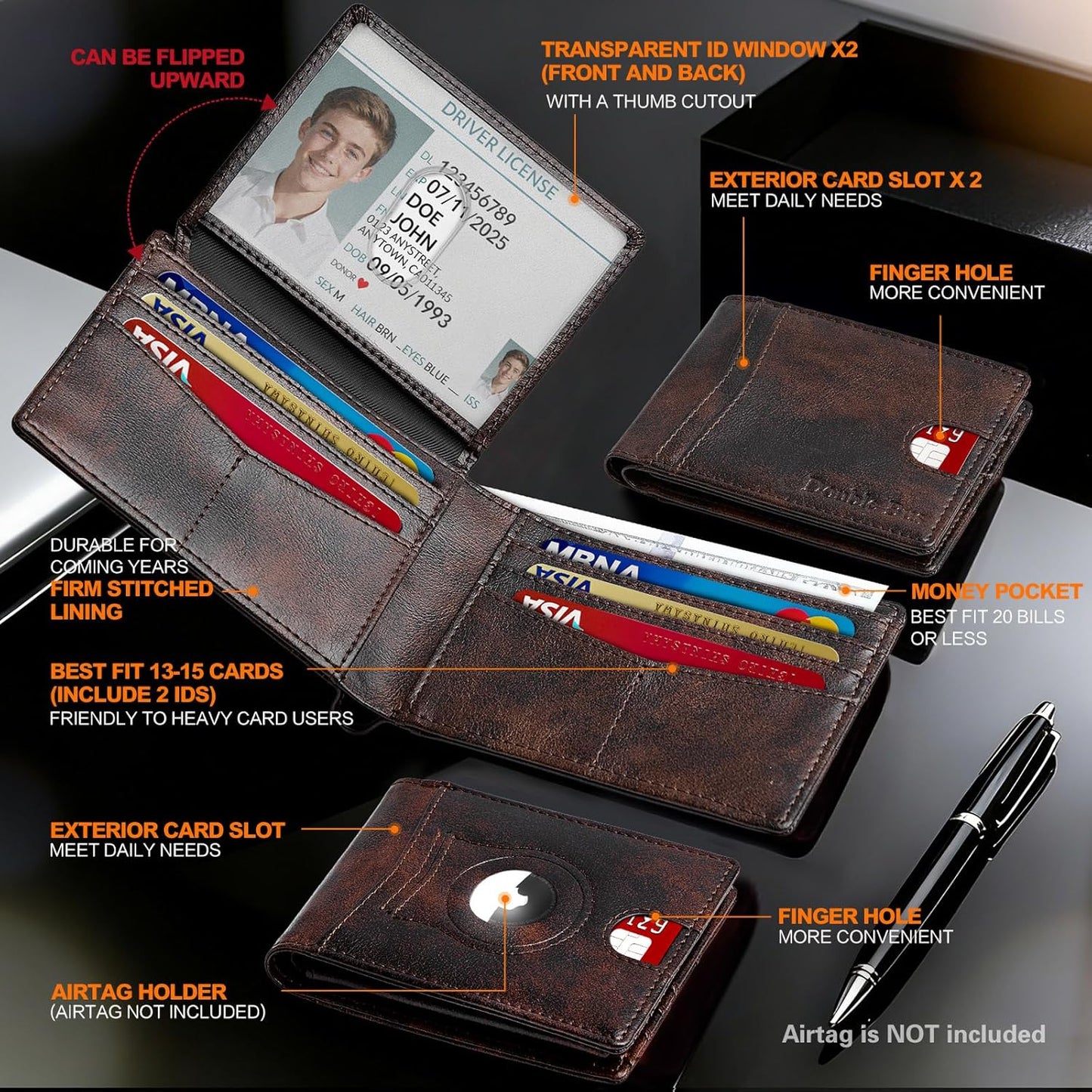 Wallet for Men Slim RFID Blocking Bifold Carbon Fiber,Minimalist Small Compact Front Pocket Credit Card Holder,Thin Mens Leather Wallets Smart Security With 2 ID Windows 1 Cash,Birthday Gifts for Men