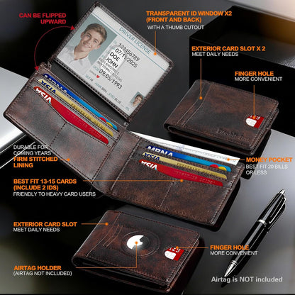 Wallet for Men Slim RFID Blocking Bifold Carbon Fiber,Minimalist Small Compact Front Pocket Credit Card Holder,Thin Mens Leather Wallets Smart Security With 2 ID Windows 1 Cash,Birthday Gifts for Men